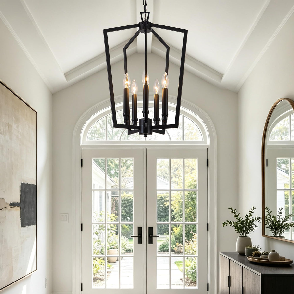 Modern Black Lantern Chandelier for Foyer Entryway Dining Room (Black D16.5 Inch)