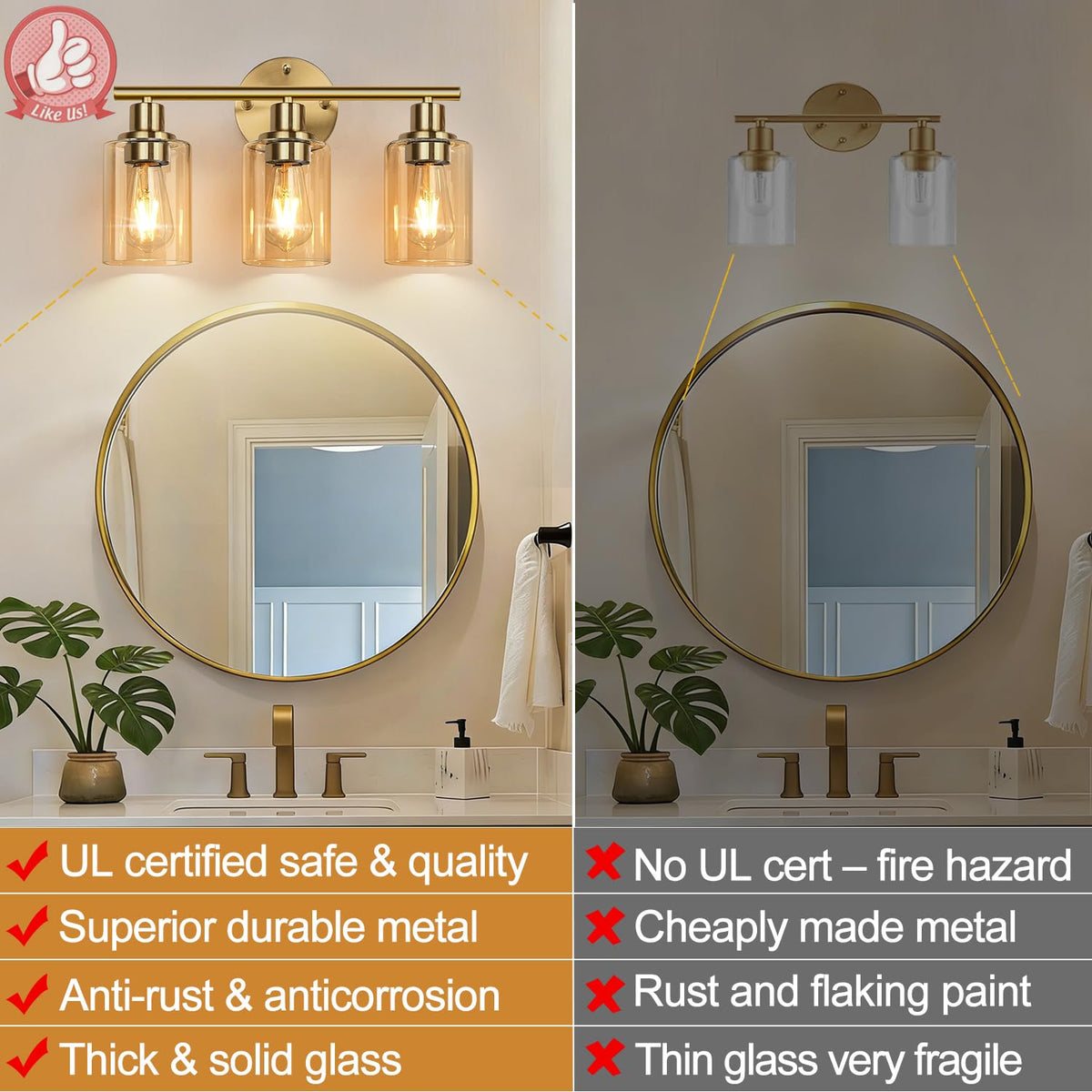 3 Light Bathroom Light Fixtures (Brushed Gold & Amber Glass / 3-light)