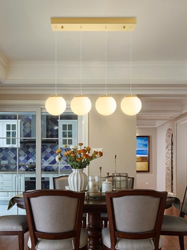 4 Light White Globe Glass Pendant Light Modern Gold Chandelier White Glass Globe Chandelier for Dining Room Kitchen Island Foyer Hallway (Gold-White / Rectangle 4-Light)