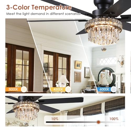 52" Low Profile Crystal Ceiling Fans with LED Lights and Remote (Black-52IN-5019)
