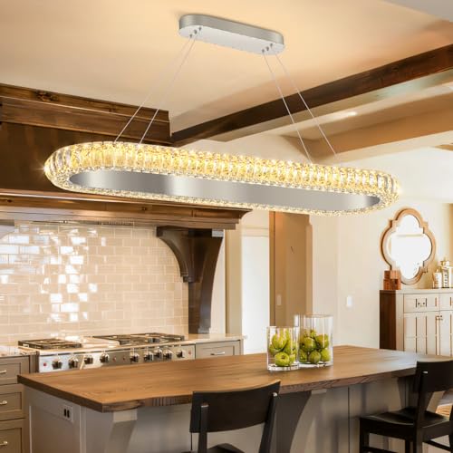 40'' Oval Ring Crystal Chandelier Modern LED Dimmable Ring Pendant Light Chandelier for Dining Room Living Room Silver (Silver / 1 Ring Oval 40")