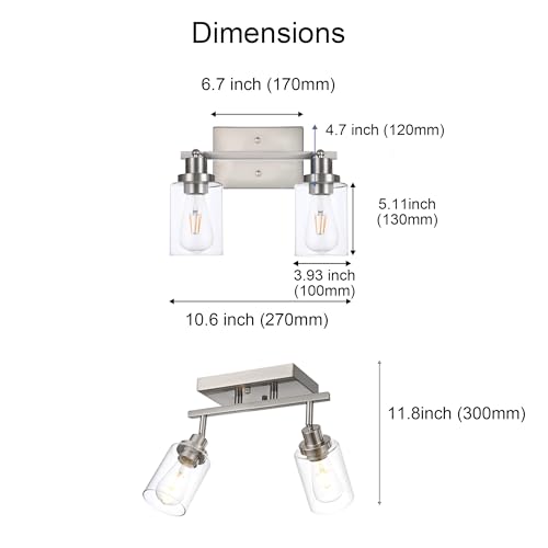 2 Light Track Lighting Kit Brushed Nickel Kitchen Track Lighting Fixtures Ceiling Mount Bathroom Vanity Wall Scones Light Fixture with Clear Glass (Brushed Nickel / 2-Light)