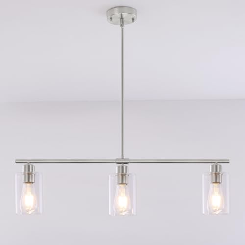 3 Lights Kitchen Island Lighting Brushed Nickel Pendant Light Fixtures with Glass Shade 31" Dining Room Chandeliers Adjustable Height Modern Linear Ceiling Hanging Light for Living Room (Brushed Nickel / 3-light)