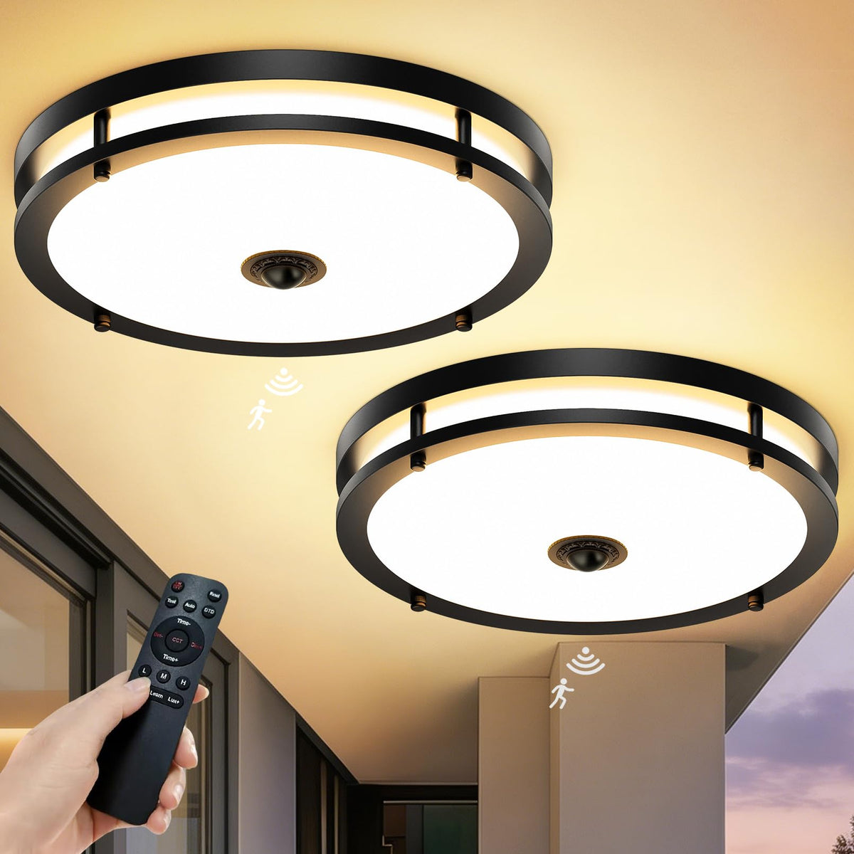2 Pack 16IN LED Motion Sensor Outdoor Ceiling Light with Remote (Black-Remote Control / 16in)
