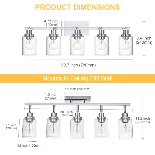 5 Light Track Lighting Kit Ceiling Kitchen Track Lighting Fixtures Chrome Bathroom Vanity Wall Lights with Clear Glass Multi (Chrome / 5-Light)