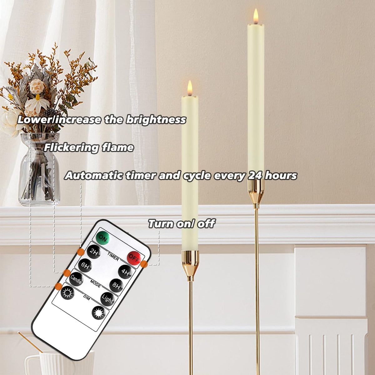 LED Flameless Taper Candles with Timer - 24 Pack, Ivory