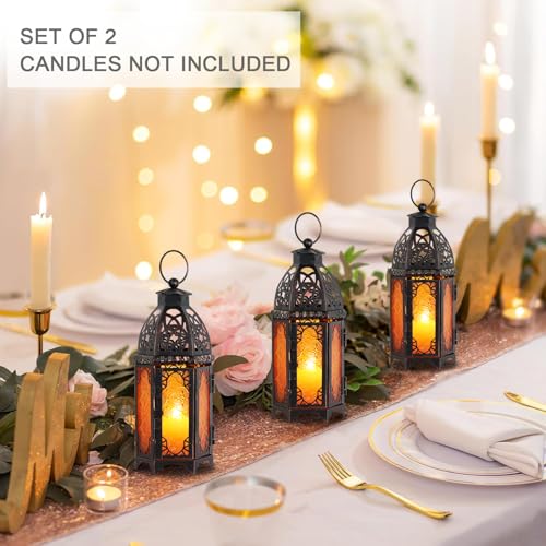 Set of 2 Moroccan Lanterns Decorative Indoor & Outdoor (Medium / Amber - 11''h)