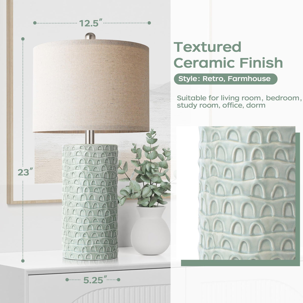 23" Modern Ceramic Table Lamp Set of 2 (Light Green)