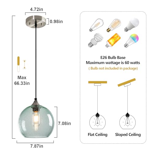 Light Green Seeded Glass Pendant Lights Kitchen Island 1 Pack (Light Green / M - 7.87 in)