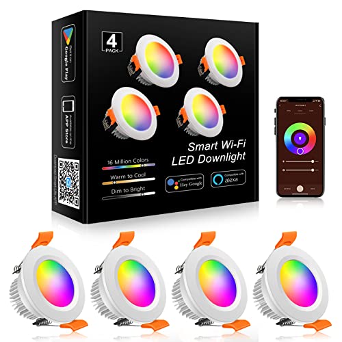 Smart 2 Inch LED Recessed Lighting RGB WiFi Downlight (RGB (Red, Green, Blue) / 4 Pack (White))