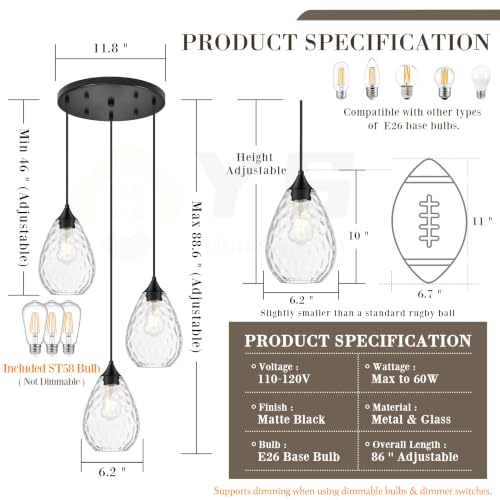 Black Glass Pendant Lights Kitchen Island 3 (Black, 3-Light / 6.3 Inch, 3-Light)