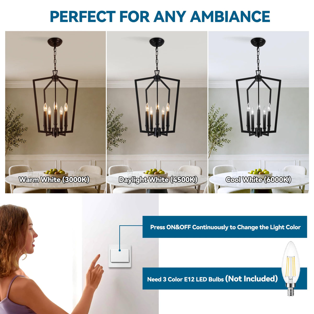 Modern Black Lantern Chandelier for Foyer Entryway Dining Room (Black D16.5 Inch)