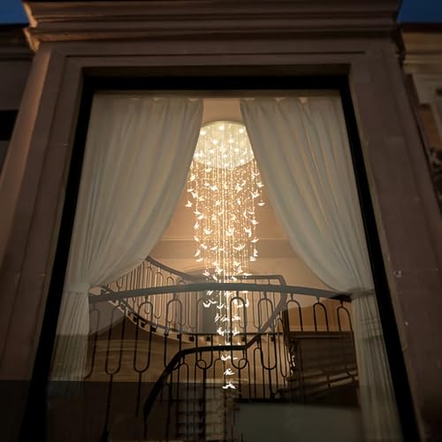 High Ceiling Chandelier Modern Crystal Chandeliers Lighting Raindrop Large Chandelier for Staircase Foyer Entryway Living Room Dimmable 3000 (Silver / Dia 40")