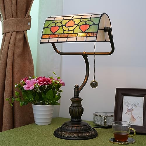 Tiffany Style Heart Bankers Table Lamp Stained Glass Vintage Bedroom Bedside Study Pull Chain Reading Desk Lamps Office Nightstand Aesthetic Antique Green Banker'S Lamp Work Light Desklamp (Red Hearts)