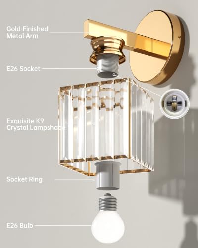 Hardwired Wall Sconces Set of Two with Crystal Lampshade (Gold-A)