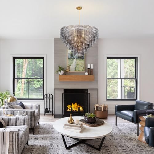 Dia 32.5 Inches Large Modern Smoke Gray Glass Chandelier Brass Finish (Smoke Gray Glass)