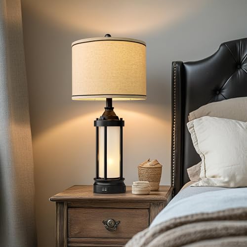 25'' Table Lamps for Bedroom Living Room Lamps Set of 2 Farmhouse Nightstand Bedside Lamps with USB Ports (Black & Beige)
