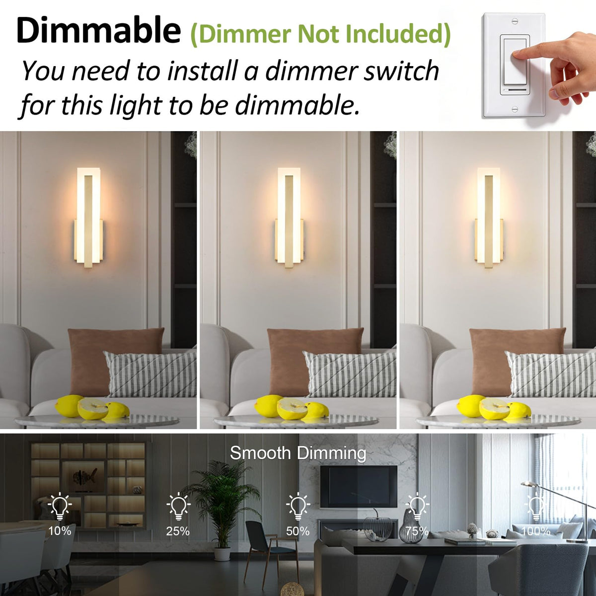 Hardwired Gold Dimmable Modern LED Wall Sconce 2 Packs 3000K 3500K 4000K 5000K 6000K Indoor Wall Lights Up and Down Wall Mount Light for Living Room Bedroom Hallway Corridor (Gold)