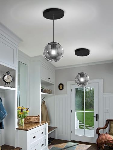 1 Light Black Pendant Light Fixtures Modern Smoke Gray Glass Globe Pendant Lights Kitchen Island Adjustable Hanging Lights Globe Stairwell Lighting Black Chandelier for Dining Room (Smoke Grey / Globe 1-Light)
