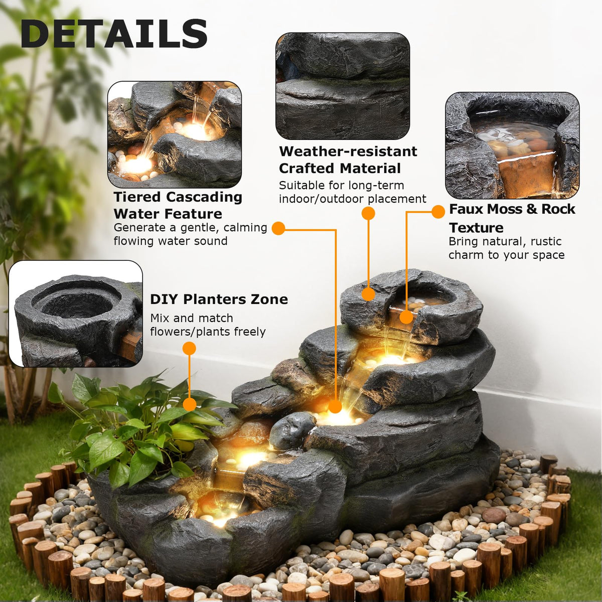 38.2" L Garden Water Fountain Outdoor Waterfall with LED Light (38.2’’L / Gray)