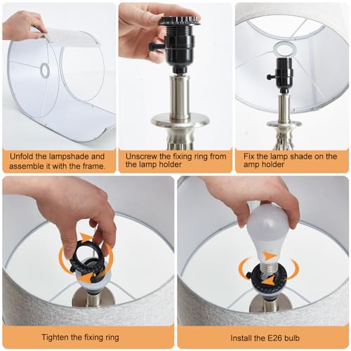 Table Lamp for Bedroom Set of 2 with USB C+A Ports (Silver Base + Grey Lampshade)
