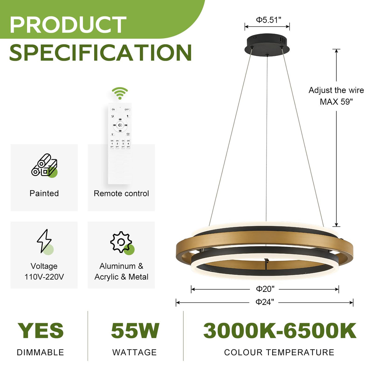 2 Rings Modern LED Chandelier Black Gold with Remote (Black Gold / 2 Rings 24 inches Up&Down)
