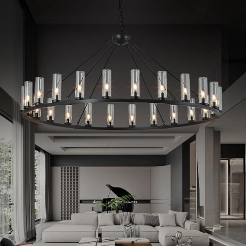 24 Light Large Wagon Wheel Chandelier with Clear Glass Shade Black Round Pendant Light Farmhouse Industrial Chandeliers Dining Room Light Fixture for Stair Living Room Foyer Kitchen (Black / 1 Tier-24 Lights)