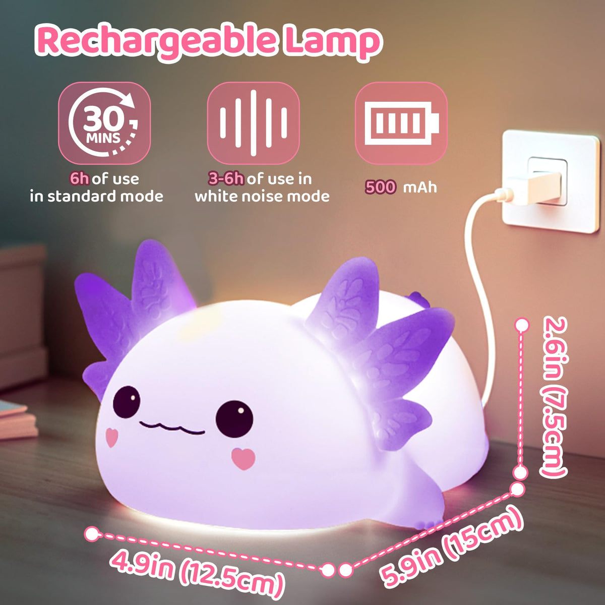 Huggwaii Squishy Axolotl Night Light for Kids (Purple)