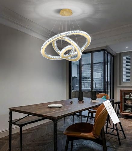 Modern Crystal Chandelier Dimmable LED Ceiling Light Fixture 3 Ring Adjustable Stainless Steel Chandeliers for Dining Room Living Room Bedroom Gold (Gold / 3-Ring 24")