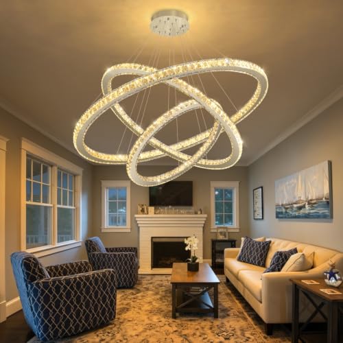 Modern Crystal Chandelier Dimmable LED Ceiling Light Fixture Luxury 3 Ring Stainless Steel Pendant Light for Living Room Dining Room Foyer Silver (Silver / 3-Ring 40")