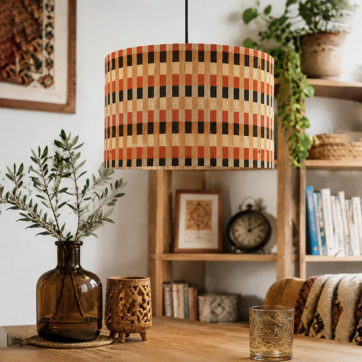 Rustic Pendant lamp shade Art decorative Colorful Grid 13.8x9Inch (colorful & grid mix)
