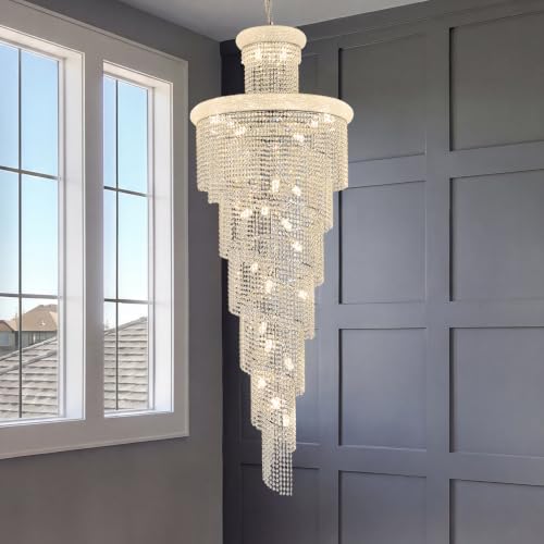 34 Light Extra Large Long Spiral Crystal Chandelier for High Ceiling Foyer Entryway Living Room Staircase Chrome Finish 86'' H X 32'' W X 32'' D (Chrome / 86'' H X 32'' W X 32'' D)