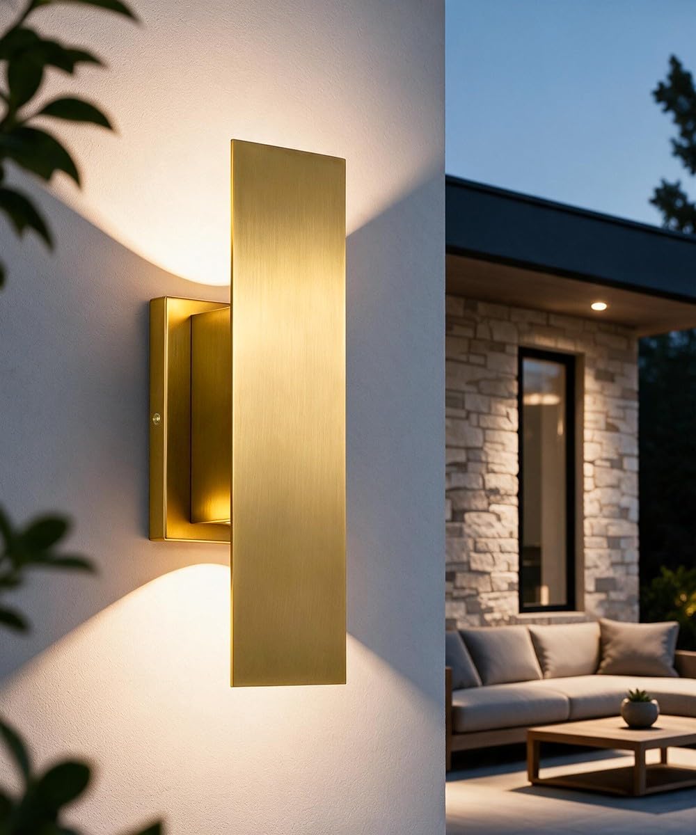 2 Pack Brass Outdoor LED Up Down Wall Sconces (Brushed Gold)