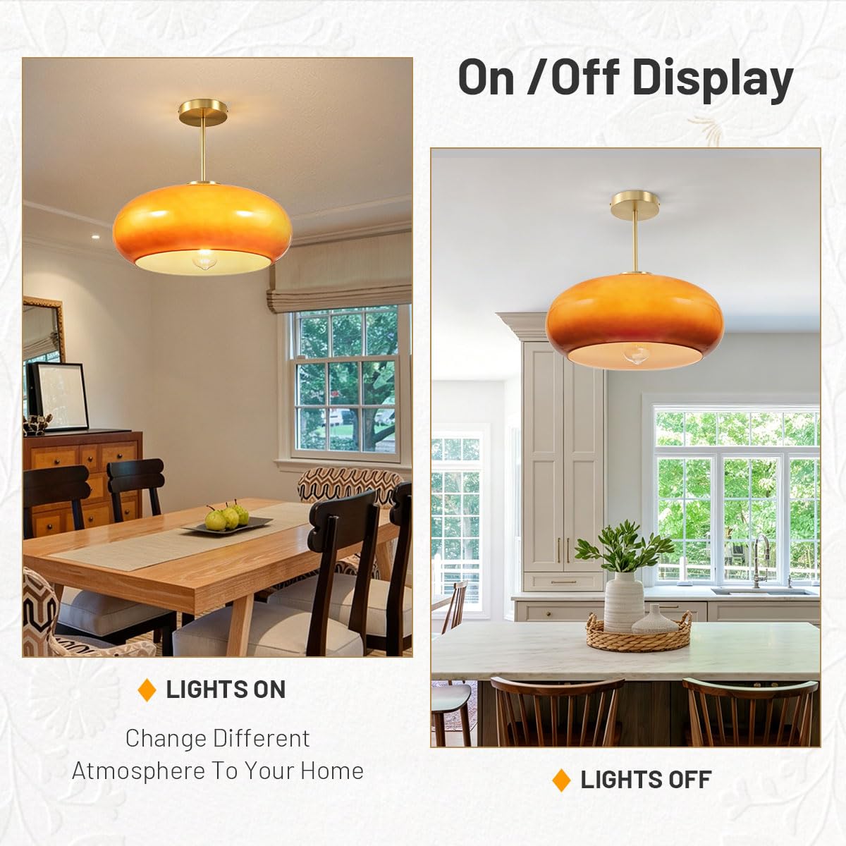 Large Glass Semi Flush Mount Ceiling Light 15.7″Dome Orange Shade (15.7″-Orange)