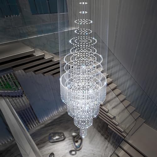 D32''X H110'' Large Crystal Chandeliers for High Ceiling Modern Gold Raindrop Chandelier Stairway Chandelier Crystal Flush Mount Ceiling Light for Living Room Staircaes Foyer (Gold / D32"X H110")
