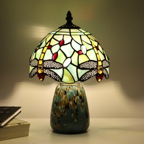 Tiffany Mushroom Table Lamp Dragonfly Style Blue Stained Glass Accent Lamp Brown Blue Glass Base 8X8X12 Inch (Blue Stained Glass)