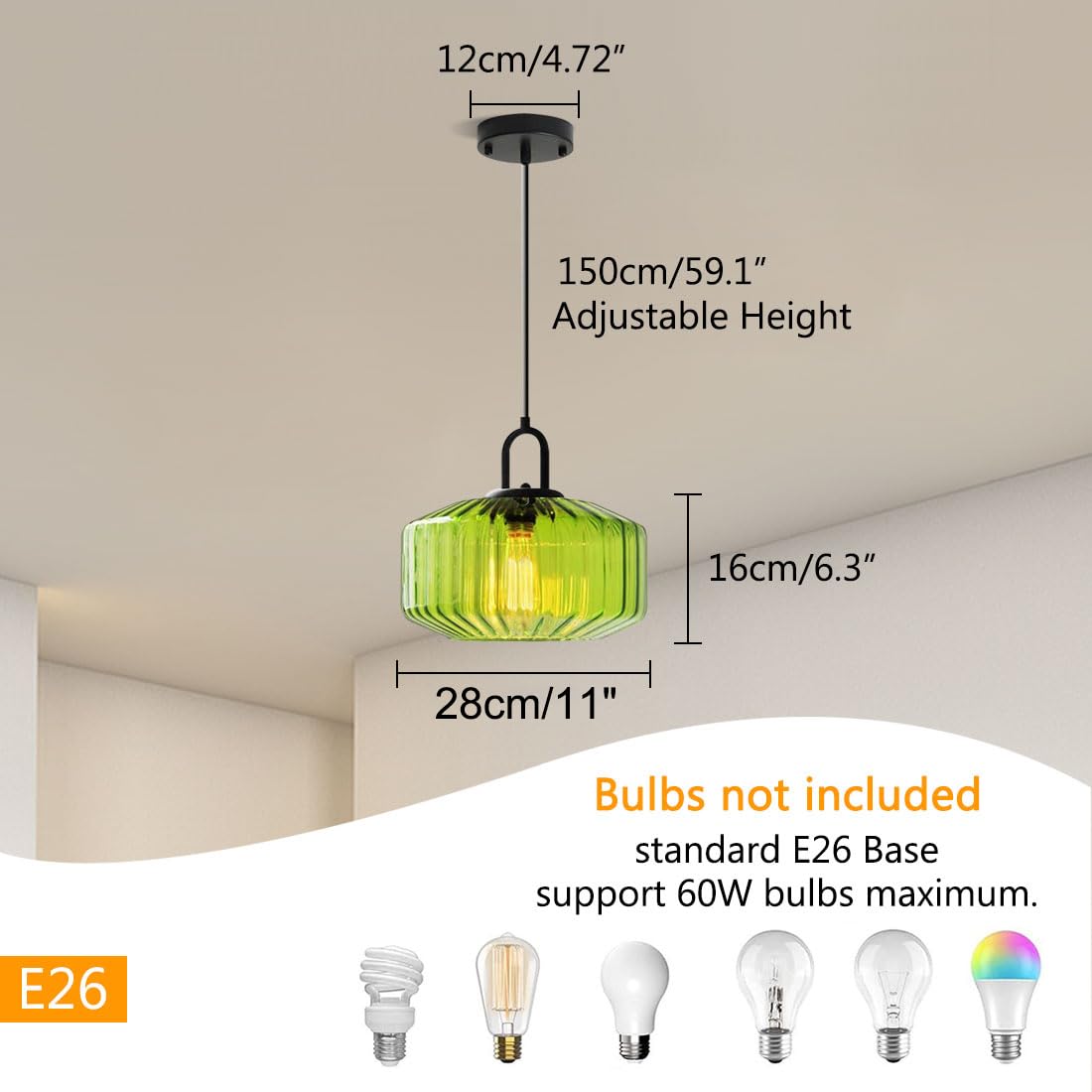 Green Glass Pendant Light Fixture Kitchen Modern Black Pendant Light (Green)
