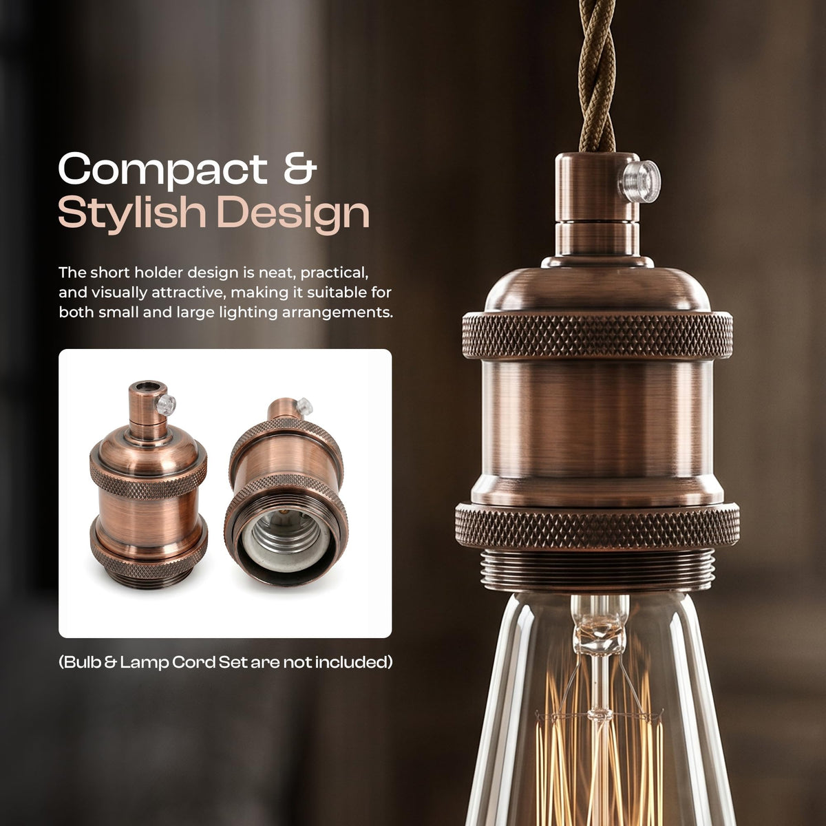 E26 Lamp Holder Socket Copper Metal Vintage Edison Bulb Holder IP20 Hardwired Medium Base Fitting for Pendant Wall Table Lamps DIY Indoor Lighting (Copper 2 Pack)
