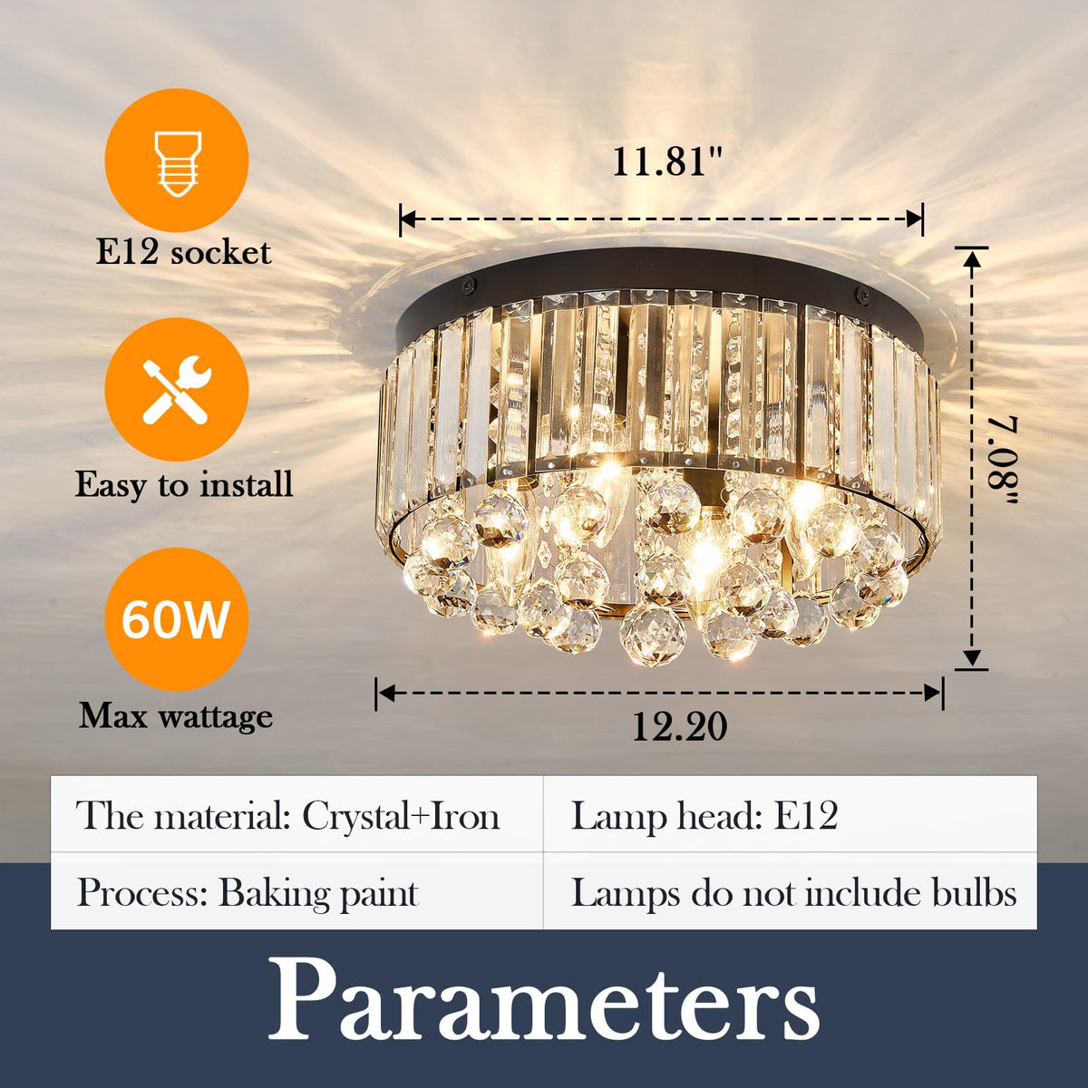 12.2" Crystal Ceiling Light Fixture (Small Black)