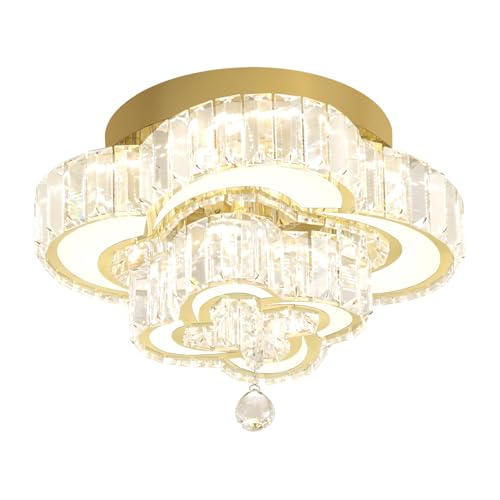 Dia 12'' Mini Crystal Chandeliers Modern LED Chandelier Flush Mount Crystal Ceiling Lights Fixture Modern Pendant Light for Living Room Foyer Entryway Gold (Gold / Dia 12")