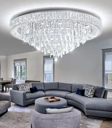 Crystal Chandeliers Modern LED Dimmable Flush Mount Ceiling Chandeliers for Living Room High Ceiling Entrance Foyer Bedroom Dining Room (Silver / 39.3" Width)