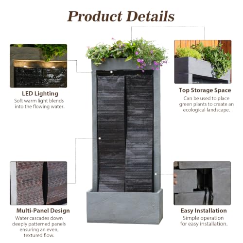 59H Modern Outdoor Water Fountain with LED Light Garden Cascading Waterfall Feature for Indoor or Outdoor Large Water Fountain for Relaxing Garden Patio Backyard Deck Porch or Home Décor (59.06H / Gray)