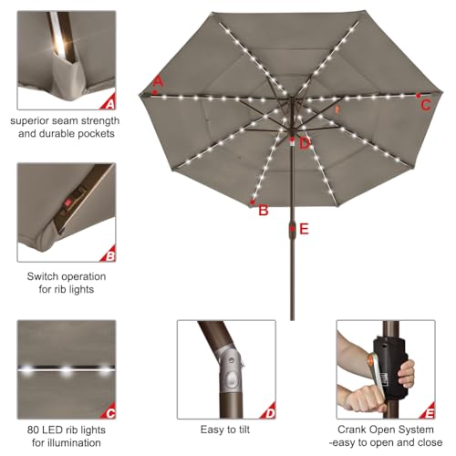 USA 10-Year-Non-Fading 9ft 3-Tier Market Patio Umbrella, Commercial Table Umbrella with 80 Solar LED Lights, Crank Open, Windproof & UPF 50+ UV Protection for Garden, Deck, Pool, Backyard, Taupe (Taupe / 9 FT(Triple Vents Tilt))