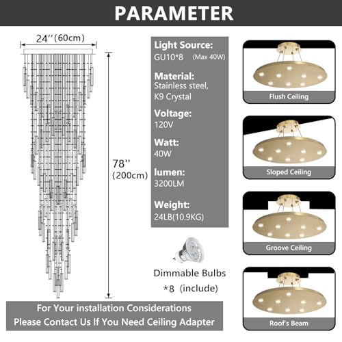 78'' Modern Crystal Chandelier High Ceiling Chandeliers for Entryway Large Raindrop Chandeliers LED Dimmable Flush Mount Light Fixtures for Staircaes Foyer Hallway Living Room LED Bulbs Included Gold (D24'' x H78'' Gold)