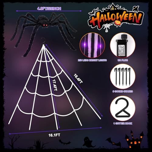 Halloween Decorations 16.4Ft Spider Web with LED Lights & 59" Giant Spider (Purple)