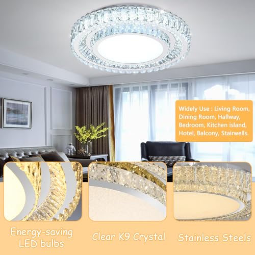 23.6" Dimmable Crystal Chandelier Modern LED Flush Mount Ceiling Light Fixtures for Living Room Bedroom Hallway Kitchen Island Staircase Silver (23.6" Silver)