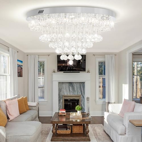 32in Modern Crystal Chandeliers for Living Room LED Crystal Ceiling Light Fixtures Flush Mount Chandelier Ceiling Chandelier for Bedroom Foyer Hallway Dining Room (Silver / 32inch)