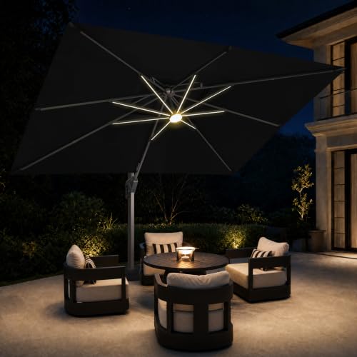 9x12 FT Cantilever Offset Patio Umbrella with Lights (Black)