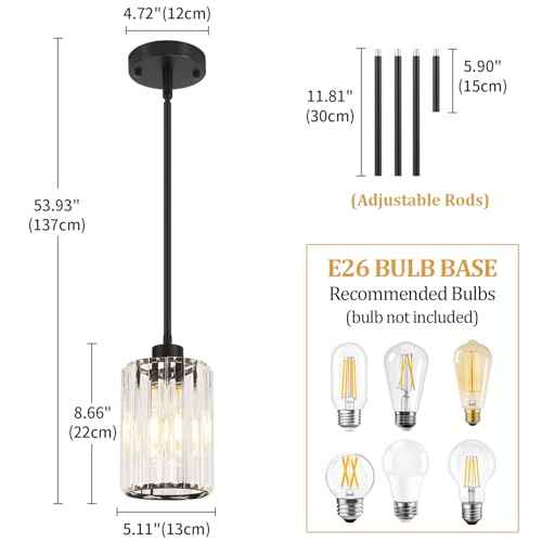 2 Pack Black Pendant Lights Kitchen Island Crystal Hanging Lighting Fixture (2-Pack Black)