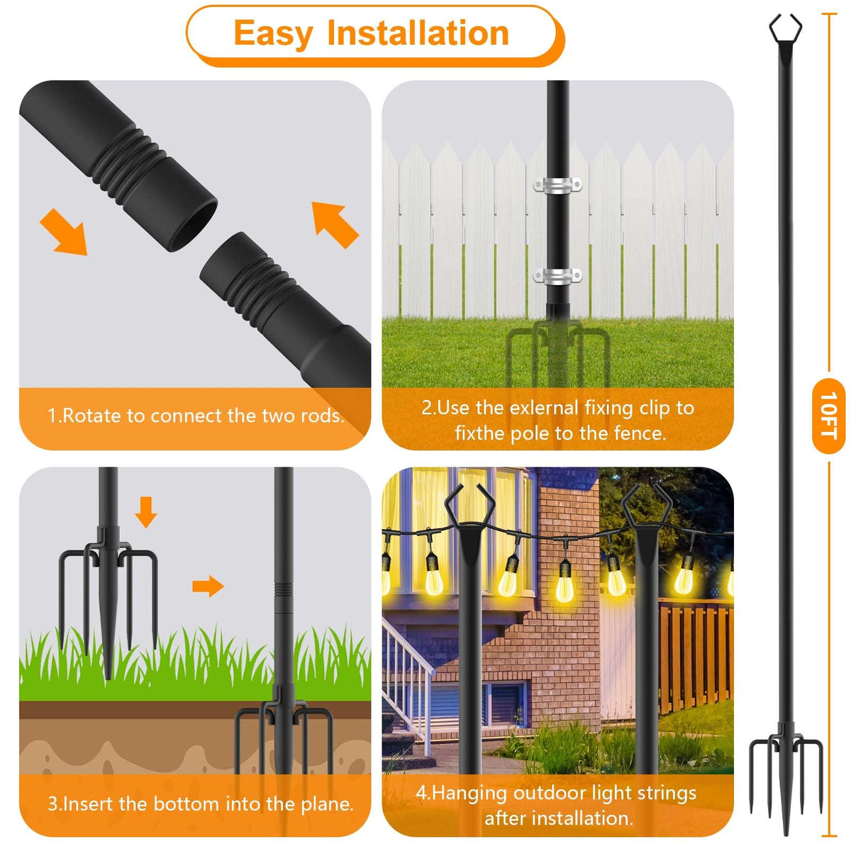4 Pack String Light Poles (4 Pack 10FT)
